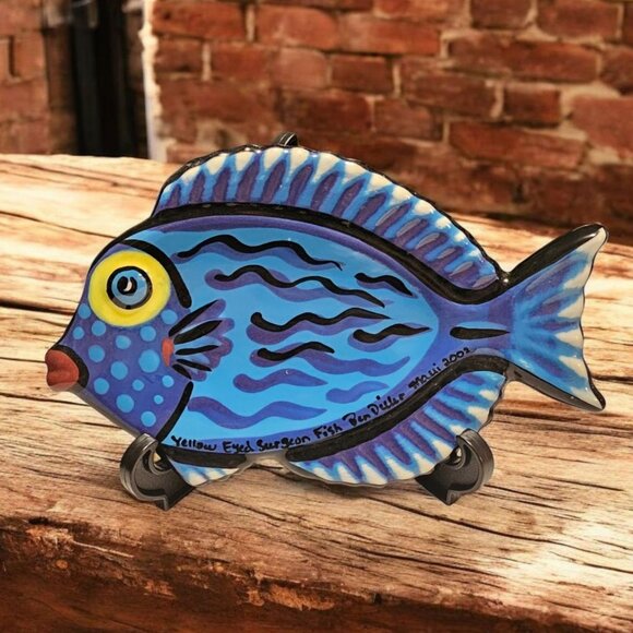 Vtg Ben Diller 9" Yellow Eyed Surgeon Fish Hand Painted Pottery Dish Maui 2002 - Picture 1 of 8